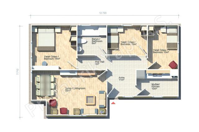 Ayder 88 m2 Prefabrik Ev Plan