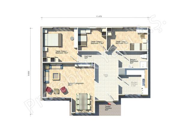 Prefabrik Ev Kapadokya 95 m2 Plan